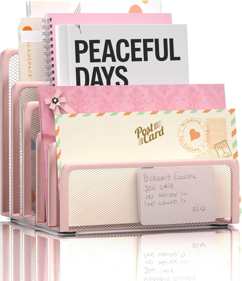 ReePlan Mail Organizer Countertop with 5 Slot, Metal Mail Holder for Desk, File Holder Letter Sorter for Envelope, Bill and Document (Rose Gold) - Image 1